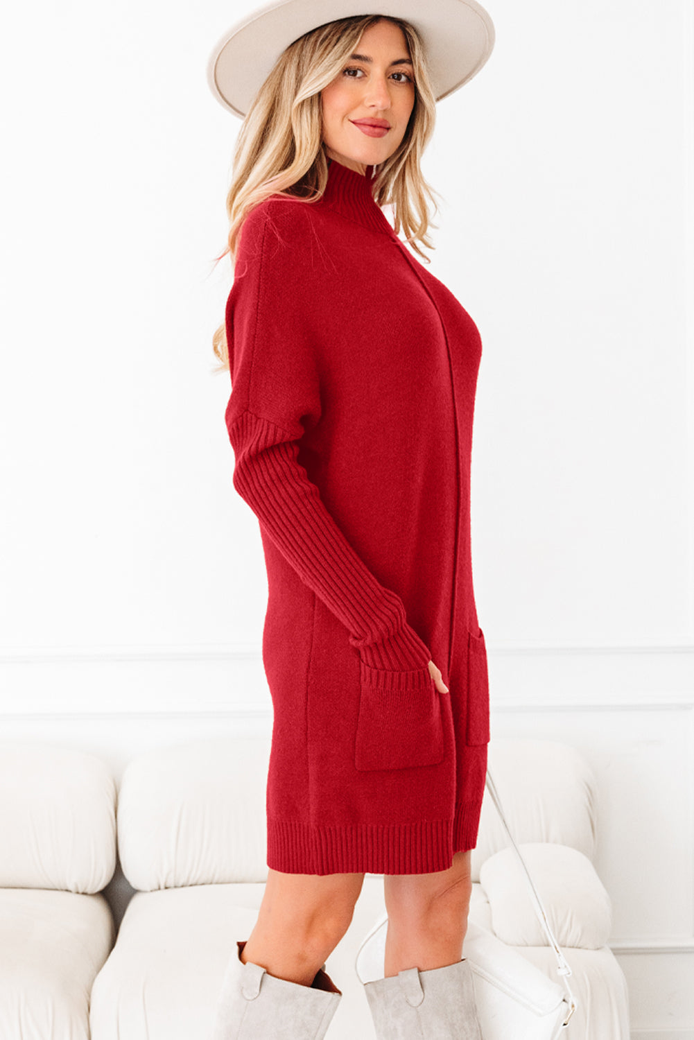 Fiery Red Ribbed High Neck Front Pockets Center Seam Shift Sweater Dress SALE