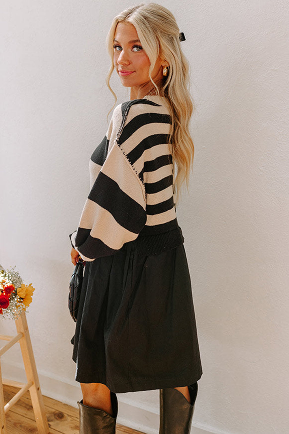 Black Stripe Two in One Knitted Top High Waist Splicing Hem Sweater Dress SALE