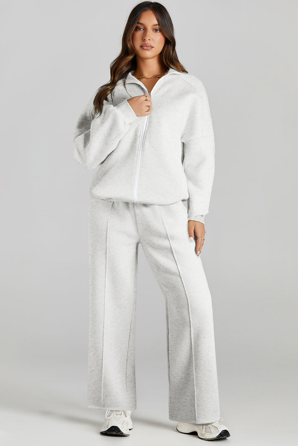 Light Grey Drop Shoulder Zip Up Jacket Drawstring Pants Active 2pcs Set PLUS AVAILIBLE SALE