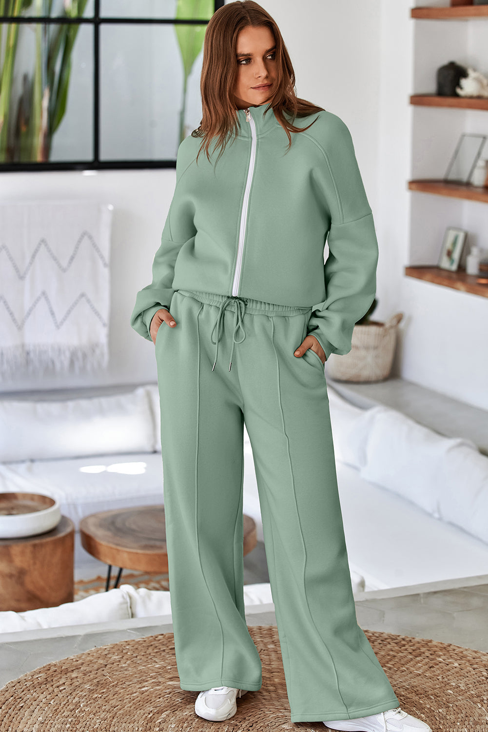 Clearly Aqua Drop Shoulder Zip Up Jacket Drawstring Pants Active 2pcs Set PLUS AVAILABLE SALE