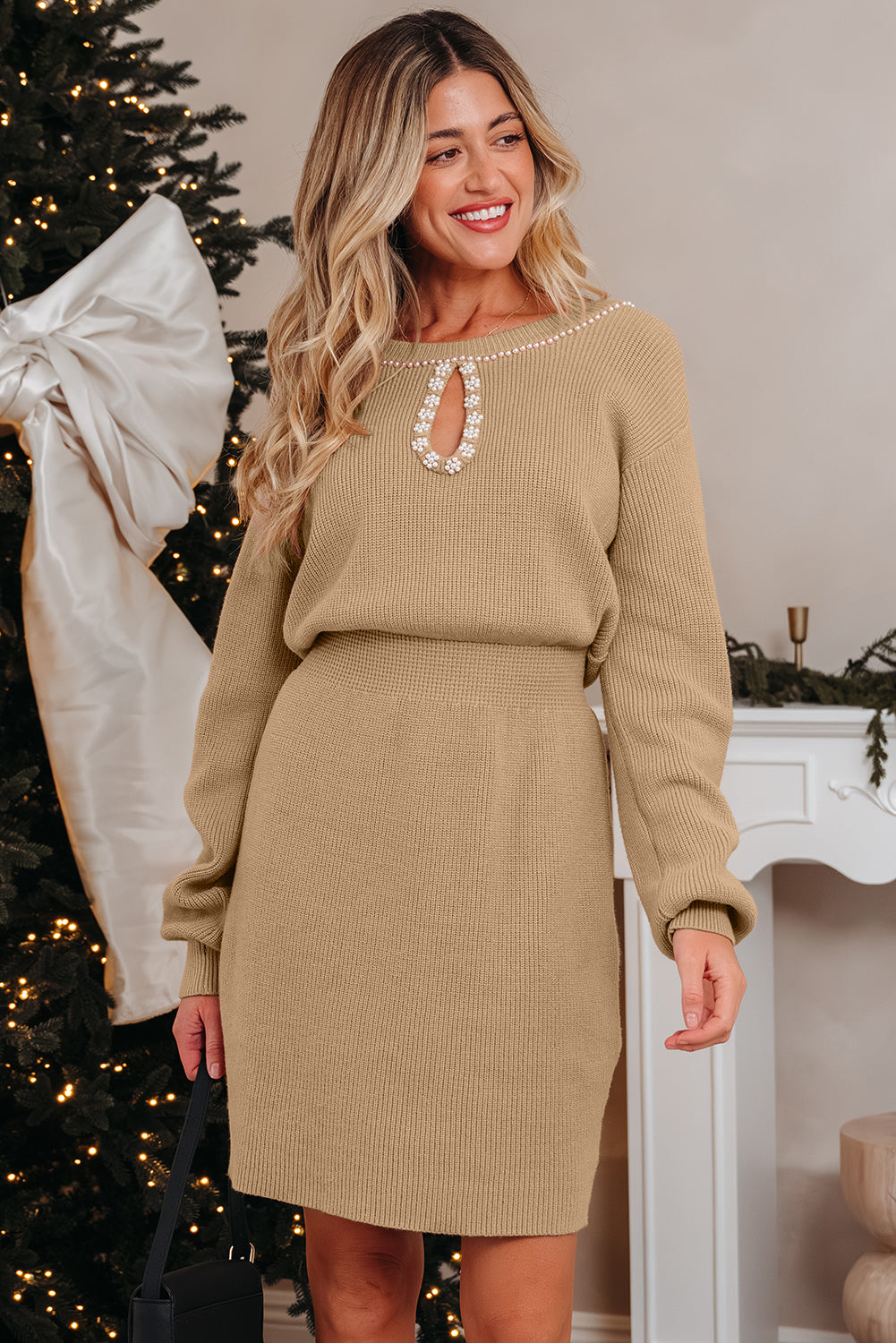 Smoke Gray Pearl Embellished Keyhole Ribbed Sweater Dress SALE