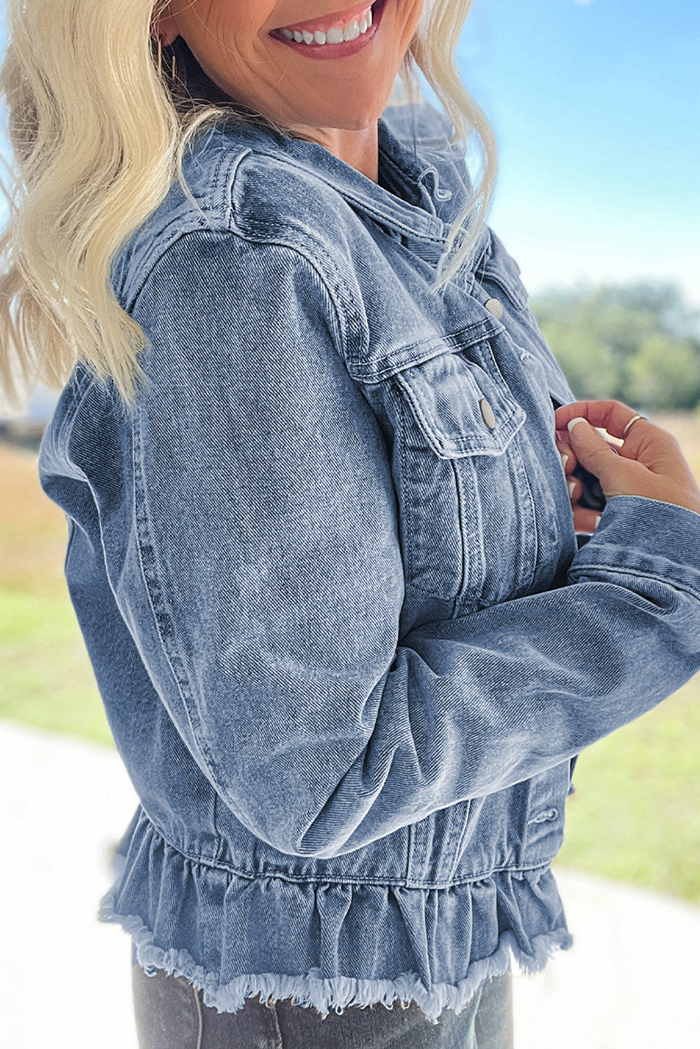 Beau Blue Ruffle Raw Hem Flap Pockets Denim Jacket PLUS AVAILABLE