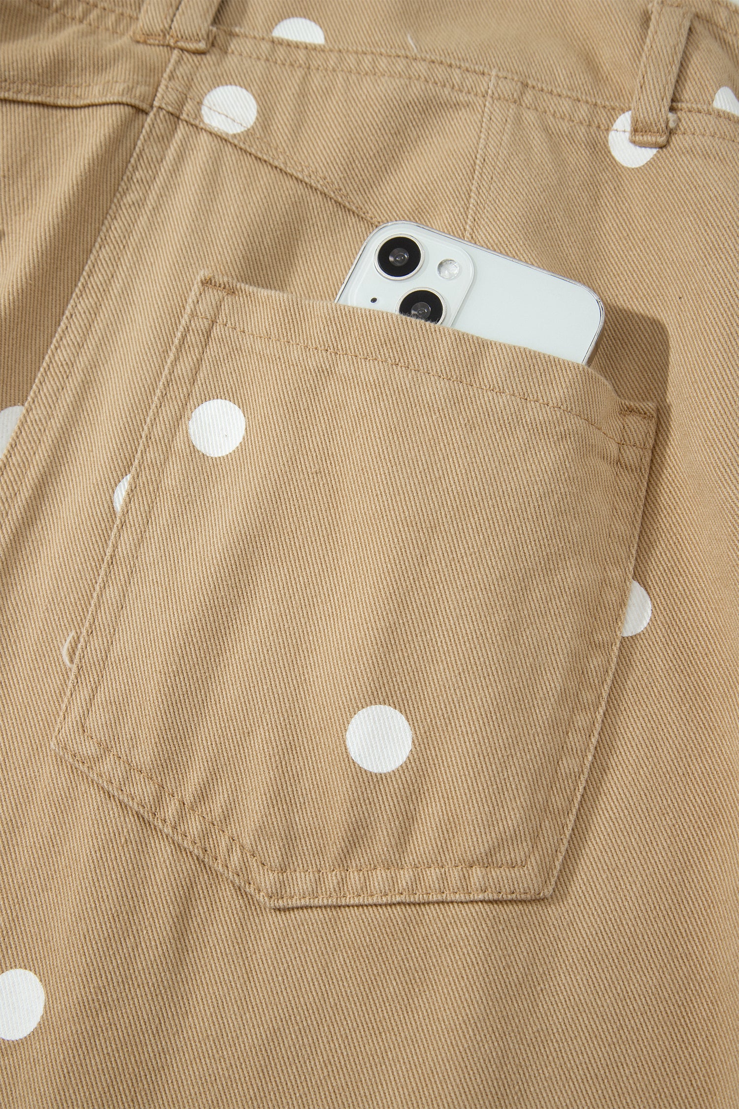 Light French Beige Polka Dot Print Bib Pocket Denim Barrel Overalls Jumpsuit SALE