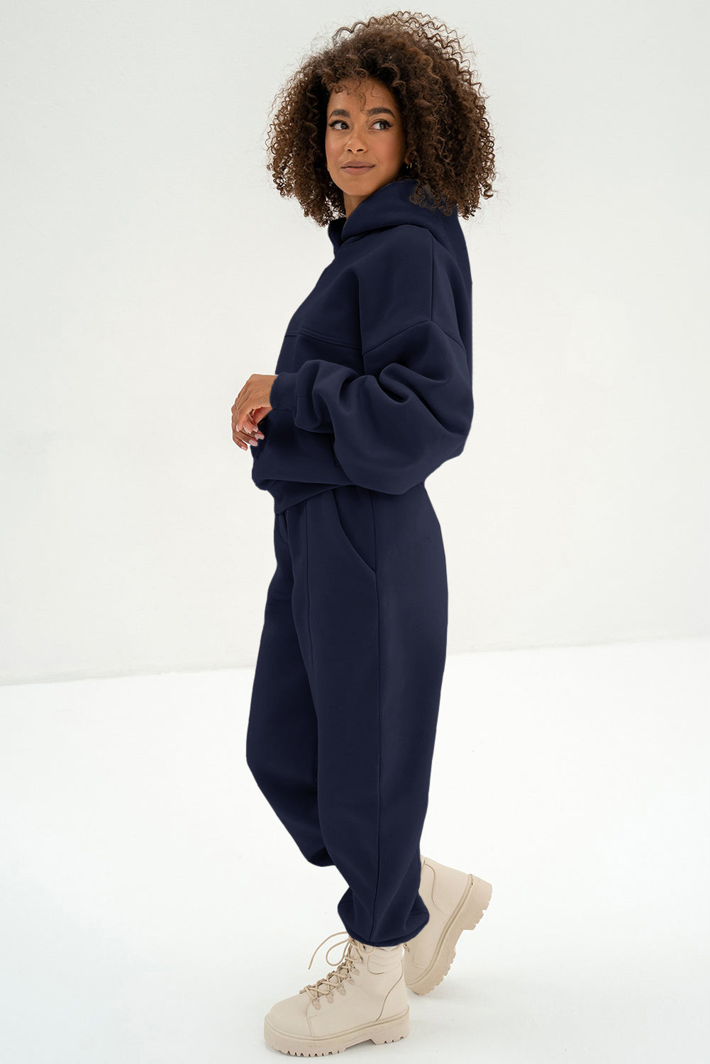 Navy Blue Solid Exposed Seams Hoodie and Joggers Activewear Set PLUS AVAILIBLE