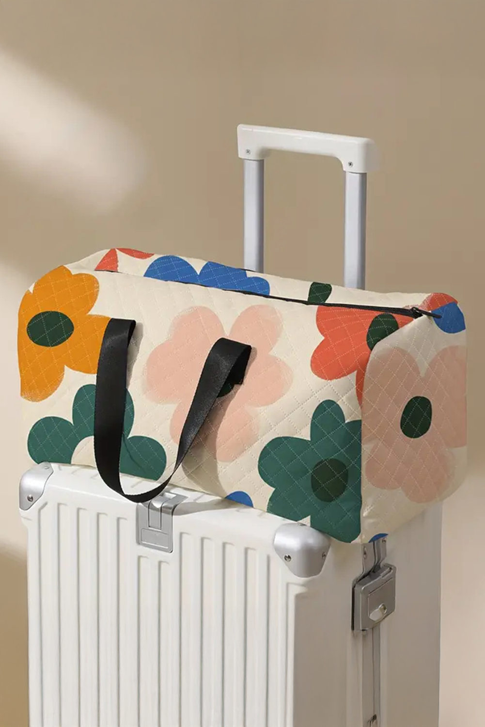 White Flower Print Quilted Large Duffel Bag SALE