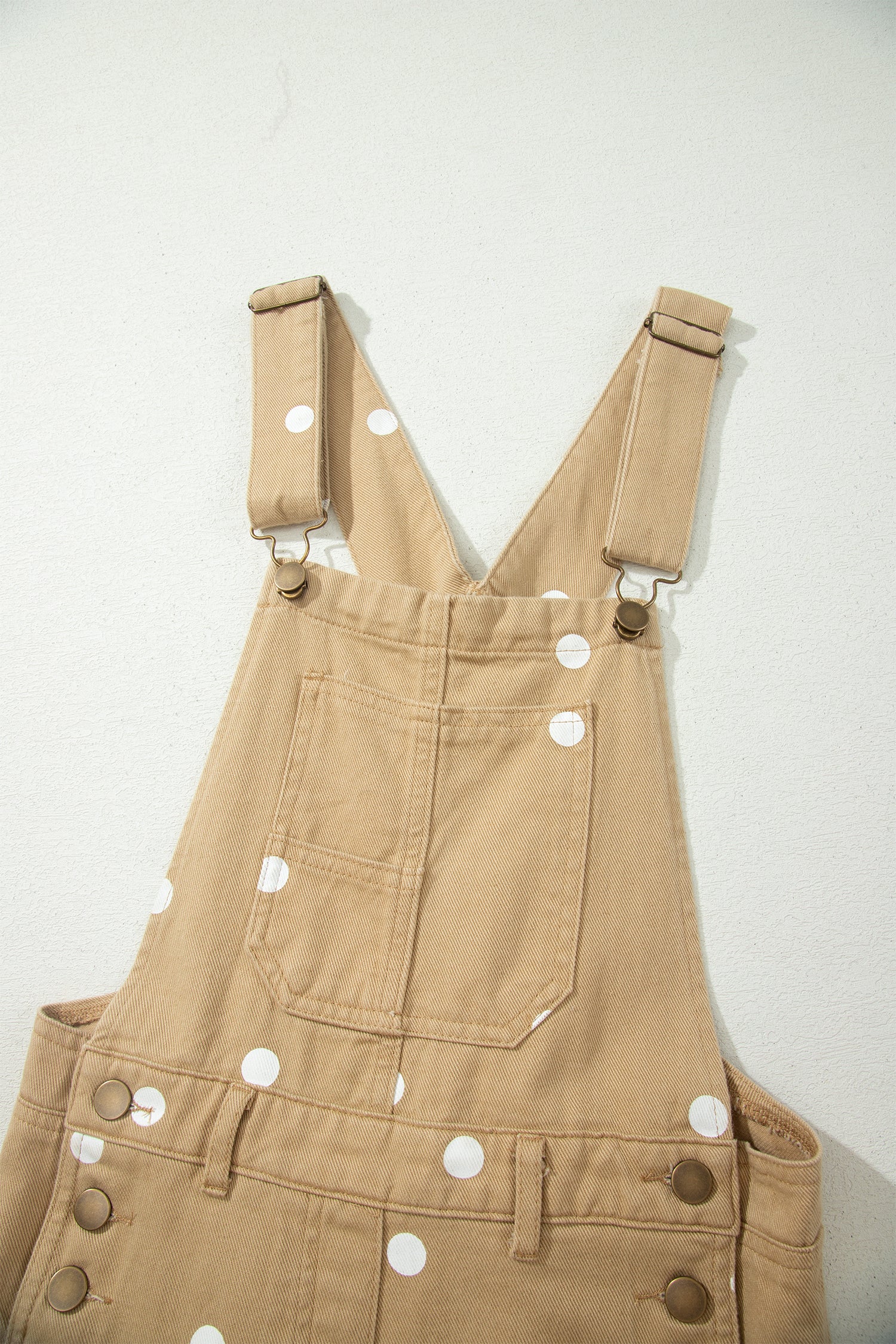 Light French Beige Polka Dot Print Bib Pocket Denim Barrel Overalls Jumpsuit SALE