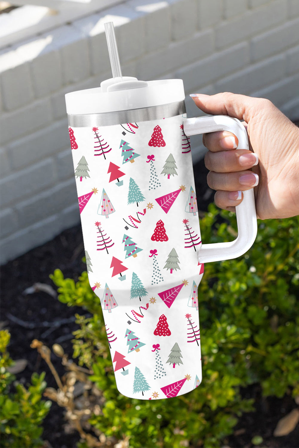 SALE White Cartoon Christmas Tree Printed Thermos Cup 40oz