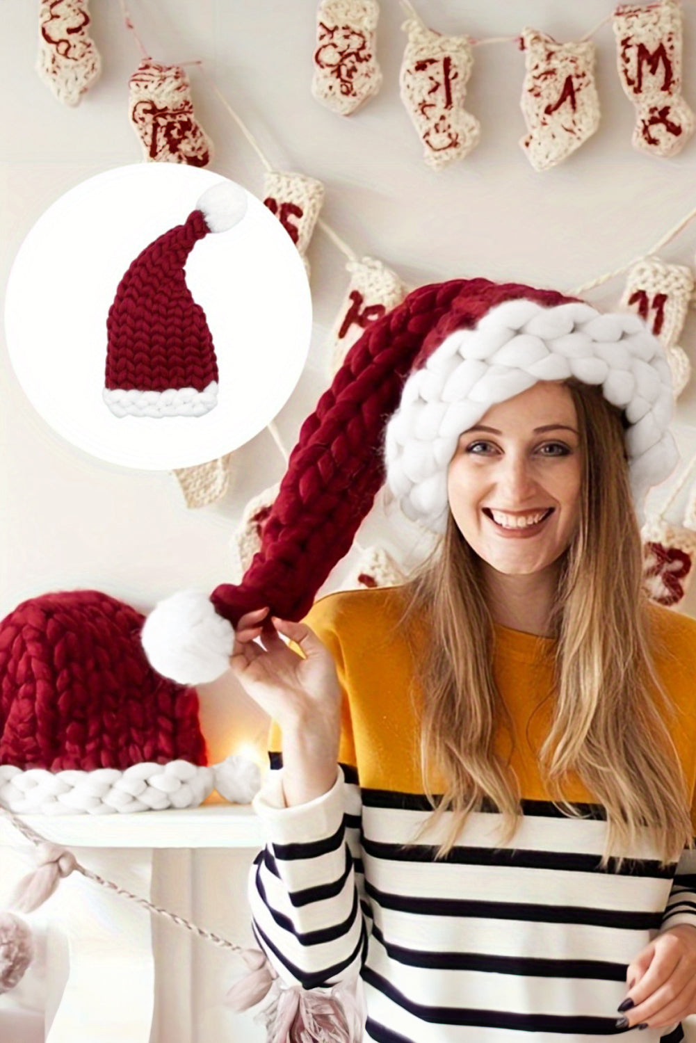 SALE Dearlove Red Dahlia Color Block Pom Pom Decor Chunky Knitted Christmas Hat