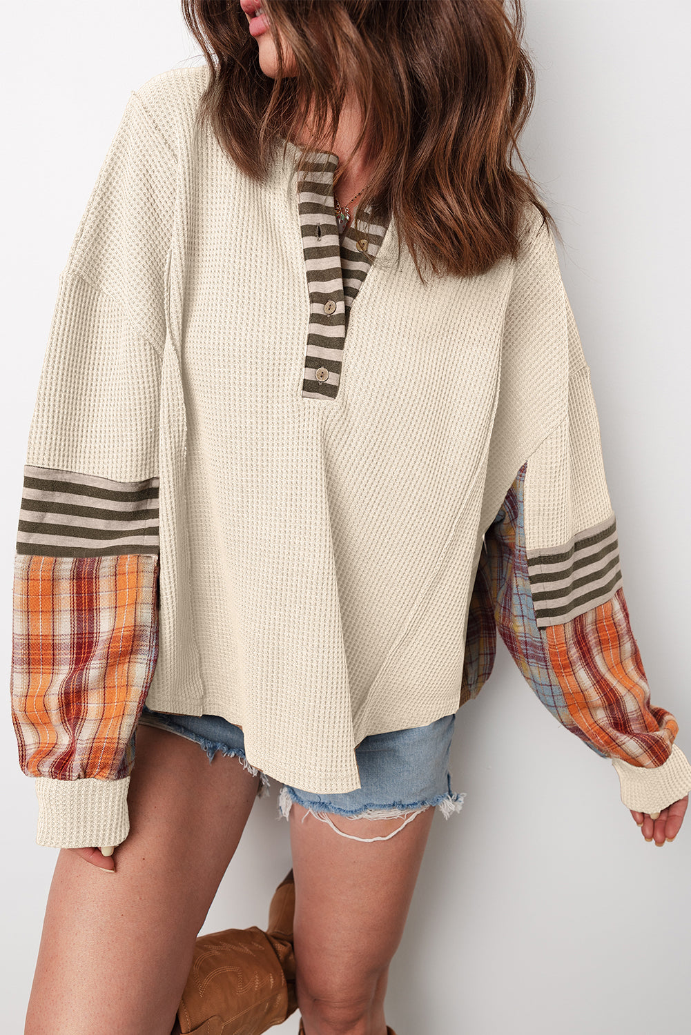 Straw Yellow Waffle Stripe Plaid Patchwork Henley Knit Top SALE