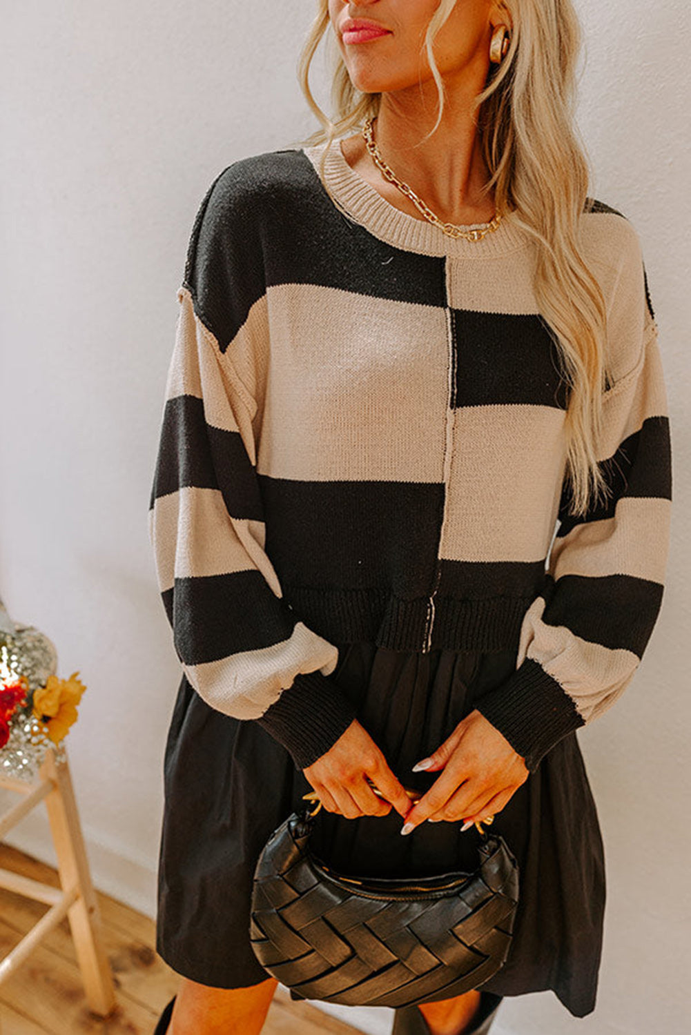 Black Stripe Two in One Knitted Top High Waist Splicing Hem Sweater Dress SALE