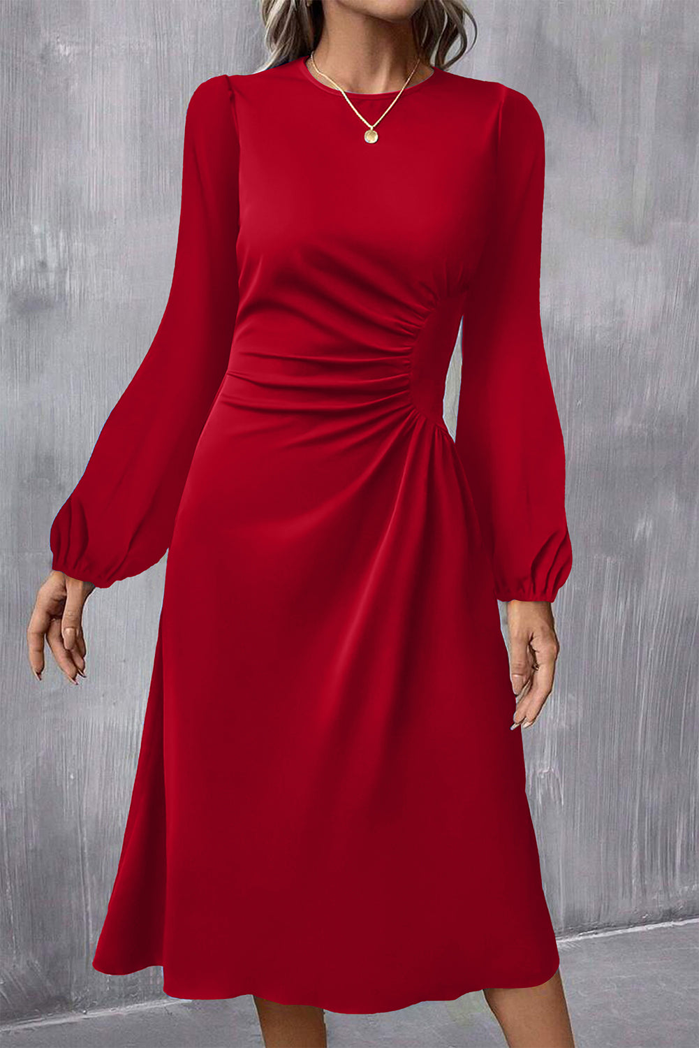 SALE Fiery Red Solid Color Ruched Detail Long Sleeve Midi Dress PLUS AVAILABLE