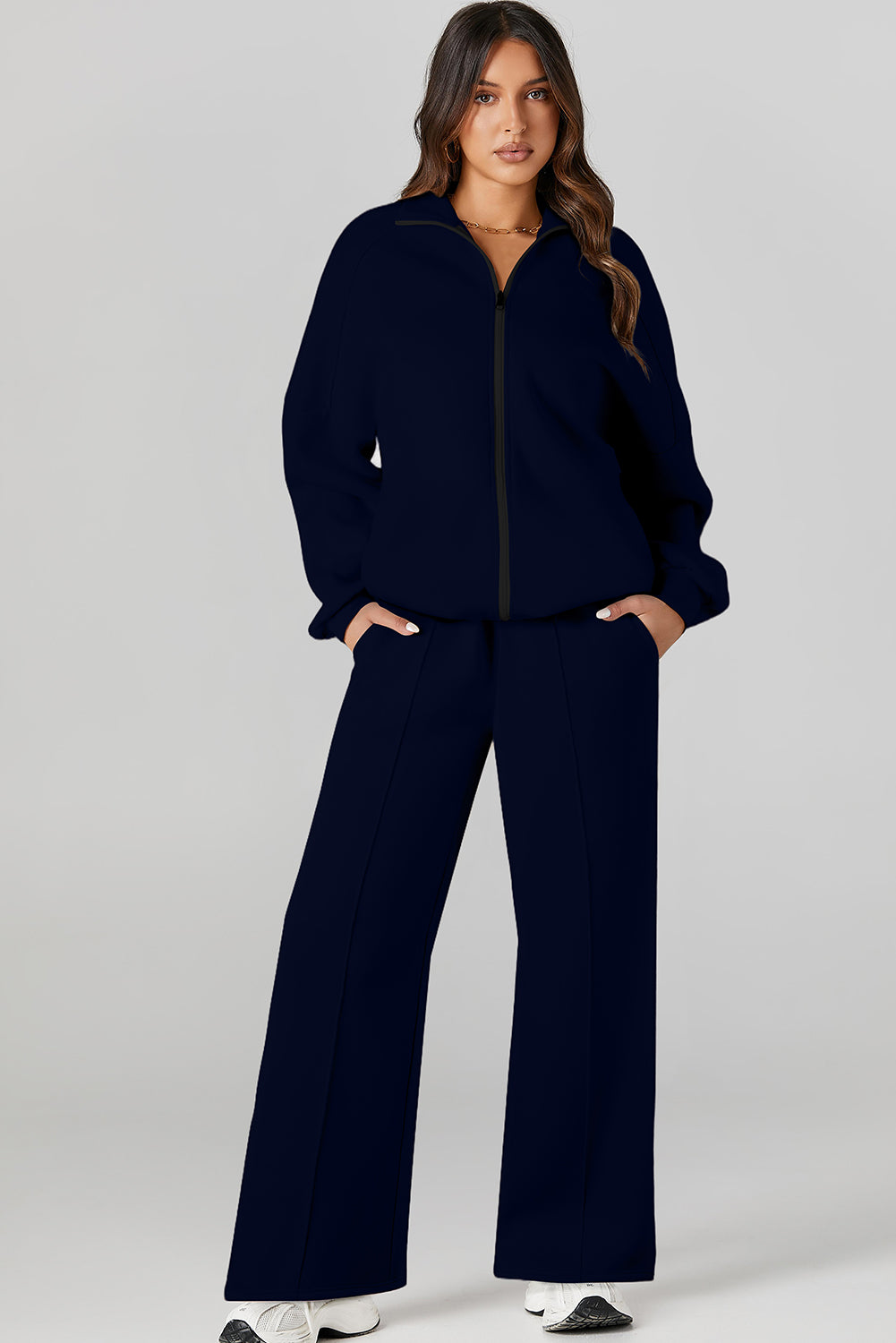 Navy Blue Drop Shoulder Zip Up Jacket Drawstring Pants Active 2pcs Set PLUS AVAILIBLE SALE