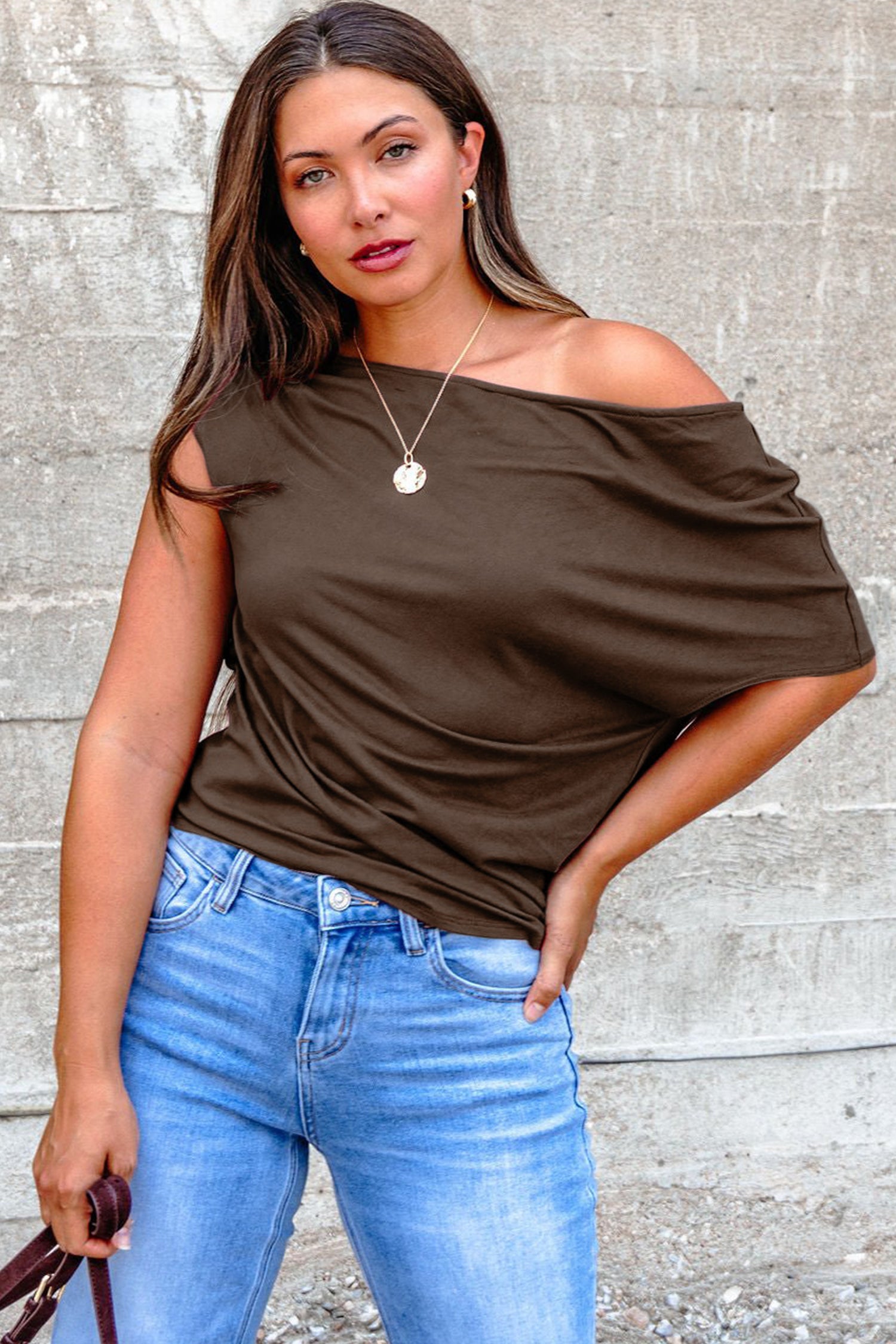 Coffee Plus Size Solid Color Asymmetric Neck Short Sleeve Blouse PLUS AVAILABLE