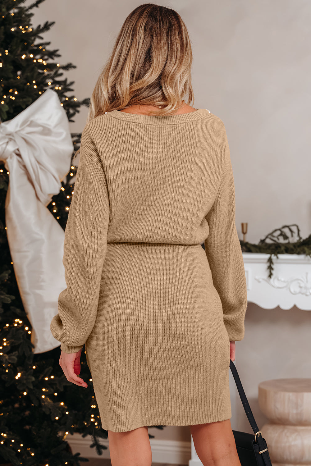 Smoke Gray Pearl Embellished Keyhole Ribbed Sweater Dress SALE