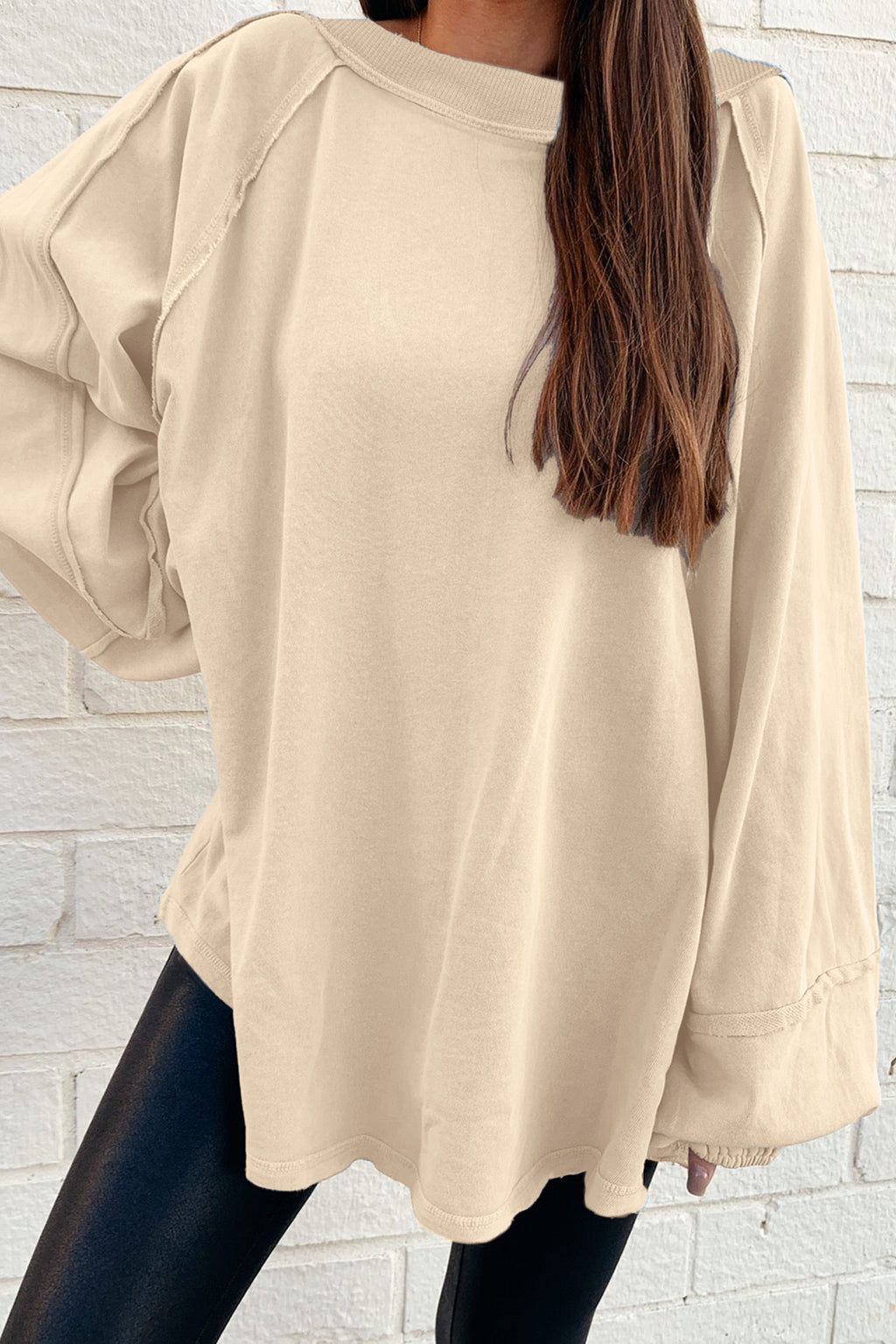 Beige Solid Color Raw Seam Patchwork Baggy Sweatshirt SALE