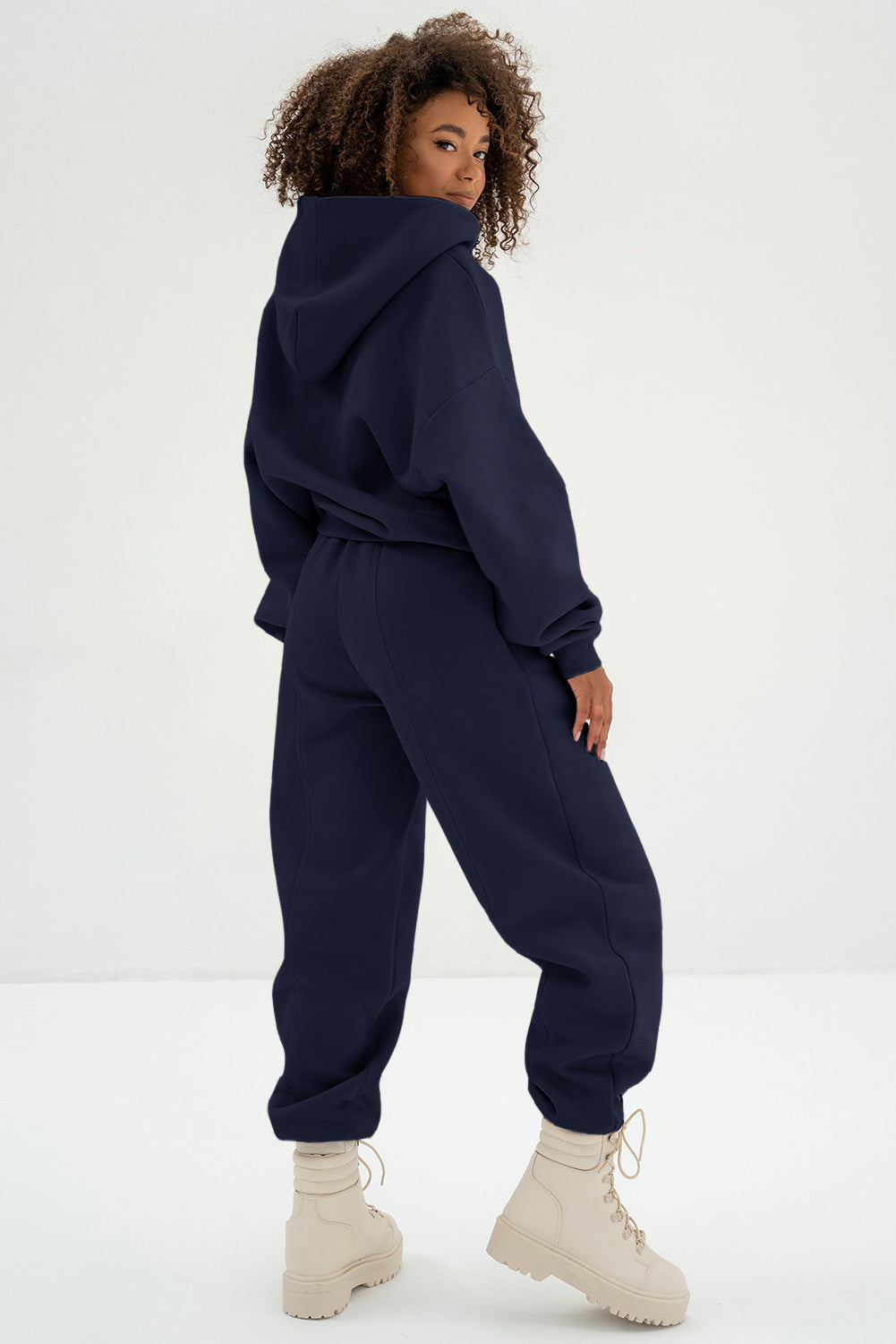 Navy Blue Solid Exposed Seams Hoodie and Joggers Activewear Set PLUS AVAILIBLE