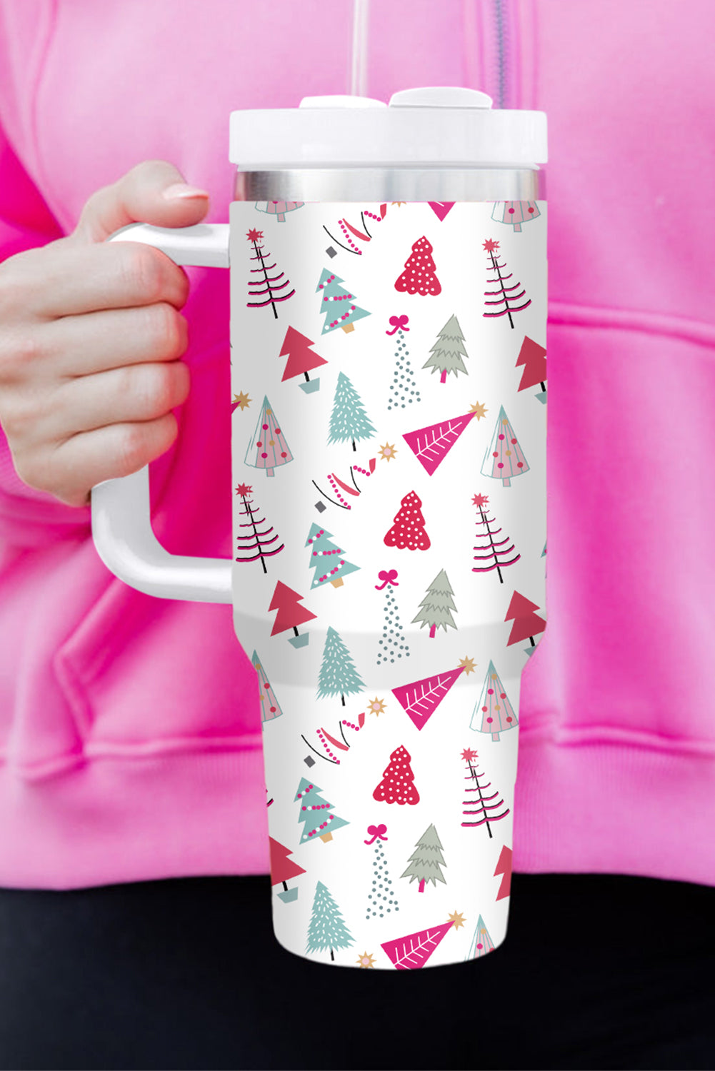SALE White Cartoon Christmas Tree Printed Thermos Cup 40oz