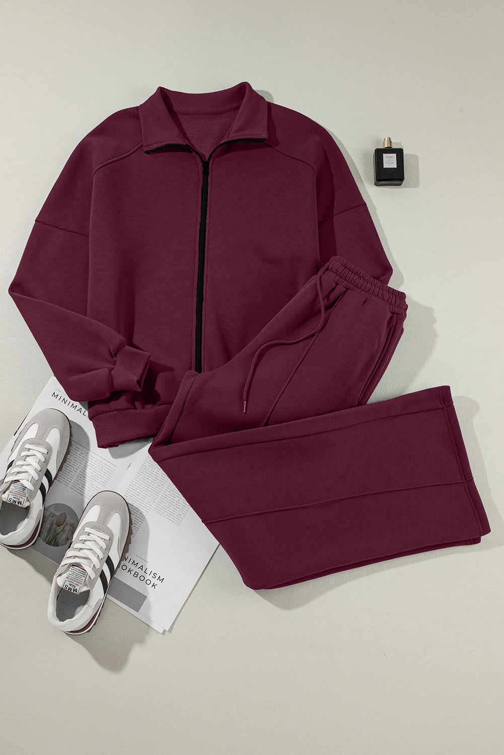 Burgundy Drop Shoulder Zip Up Jacket Drawstring Pants Active 2pcs Set PLUS AVAILIBLE SALE