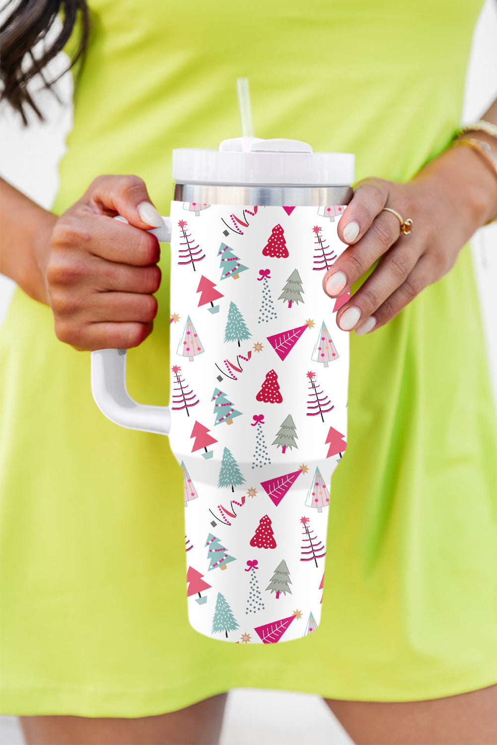 SALE White Cartoon Christmas Tree Printed Thermos Cup 40oz