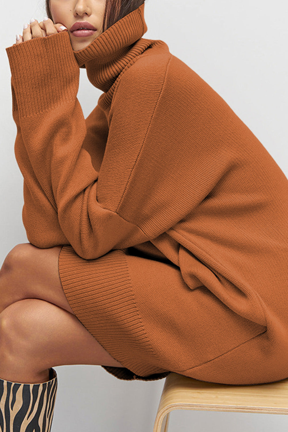 Gold Flame Solid Color Turtleneck Drop Shoulder Loose Sweater Dress PLUS AVAILABLE SALE
