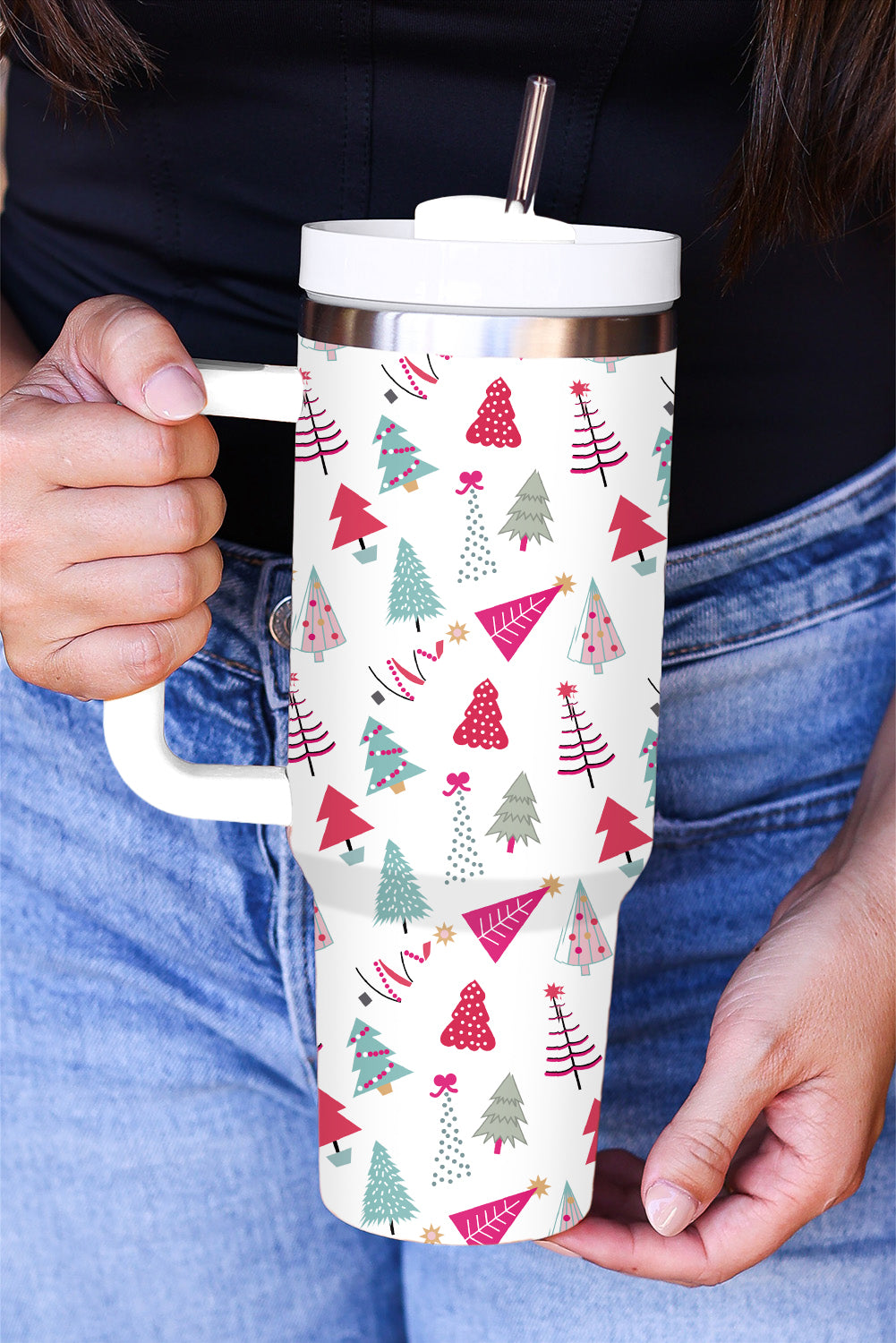 SALE White Cartoon Christmas Tree Printed Thermos Cup 40oz
