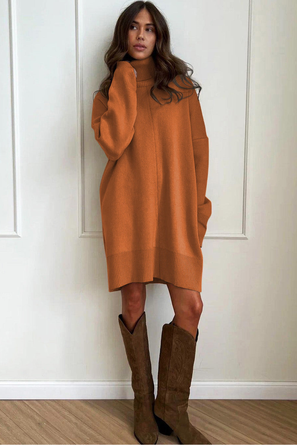 Gold Flame Solid Color Turtleneck Drop Shoulder Loose Sweater Dress PLUS AVAILABLE SALE