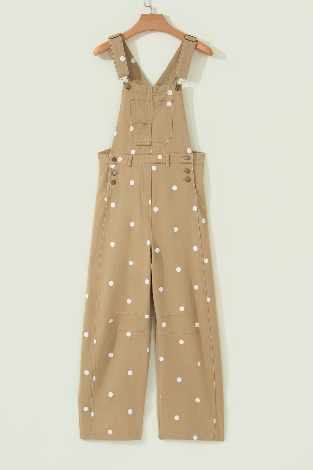 Light French Beige Polka Dot Print Bib Pocket Denim Barrel Overalls Jumpsuit SALE