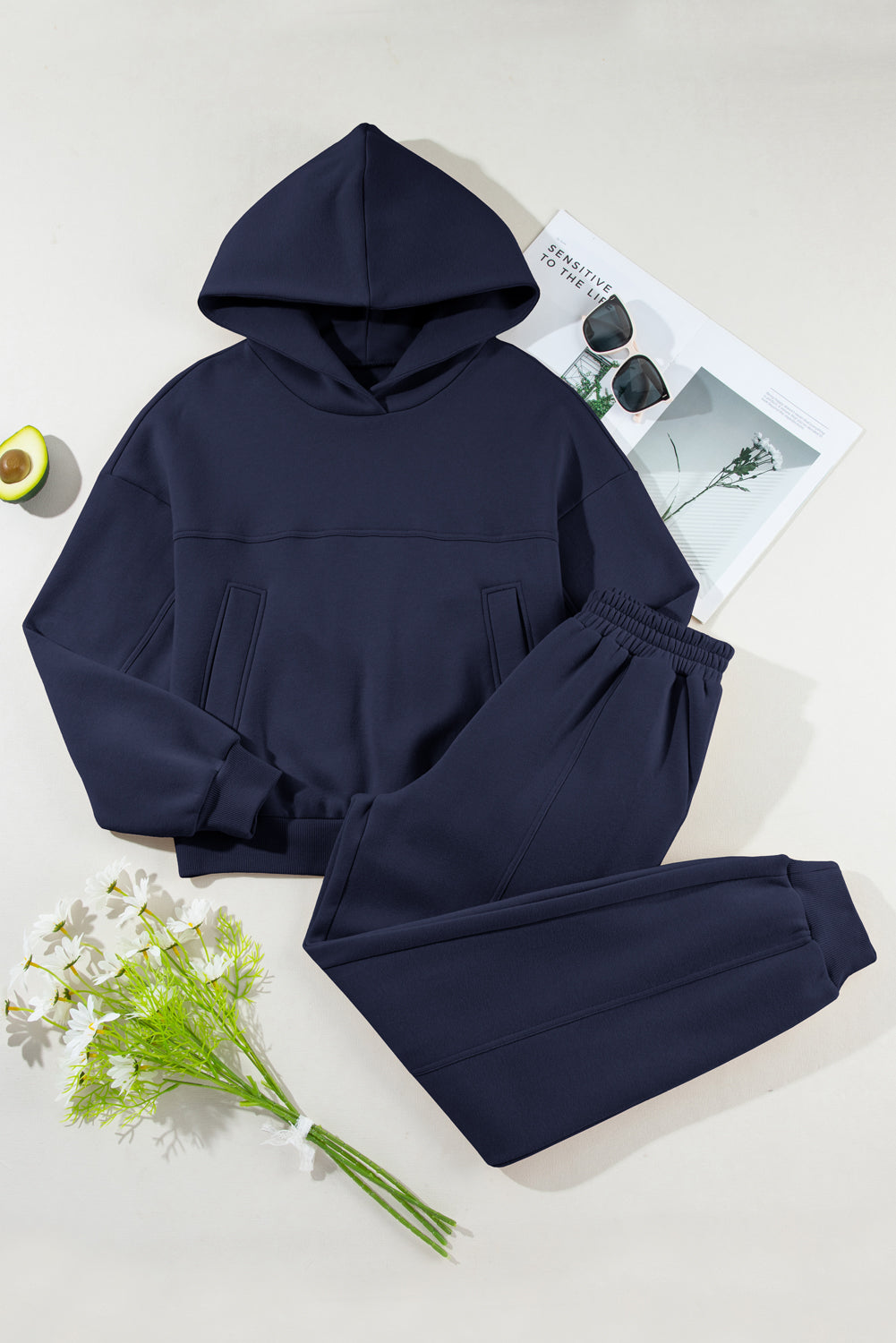 Navy Blue Solid Exposed Seams Hoodie and Joggers Activewear Set PLUS AVAILIBLE