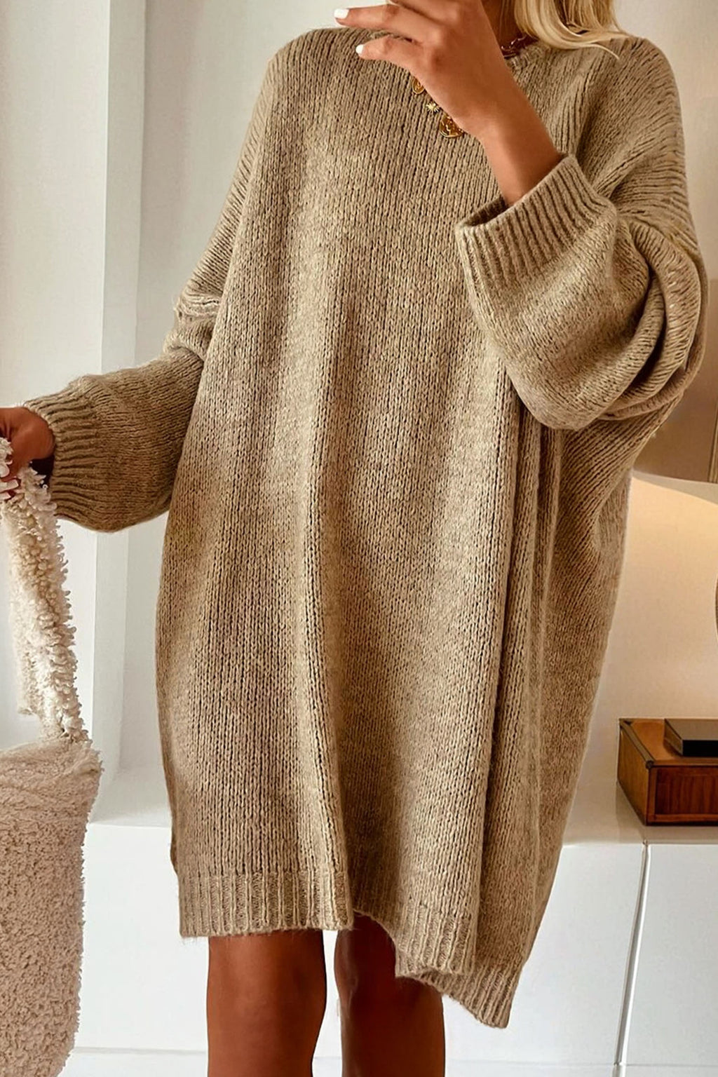 Pale Khaki Exposed Seam Drop Shoulder Oversize Sweater Mini Dress SALE