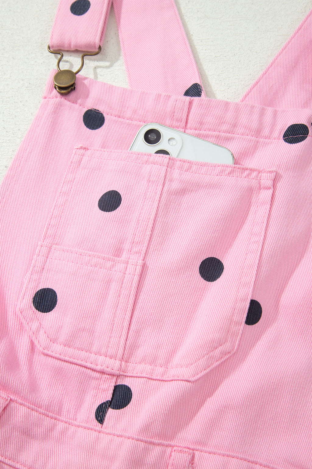 Light French Beige Polka Dot Print Bib Pocket Denim Barrel Overalls Jumpsuit SALE