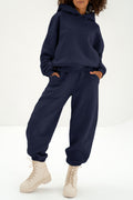 Navy Blue Solid Exposed Seams Hoodie and Joggers Activewear Set PLUS AVAILIBLE