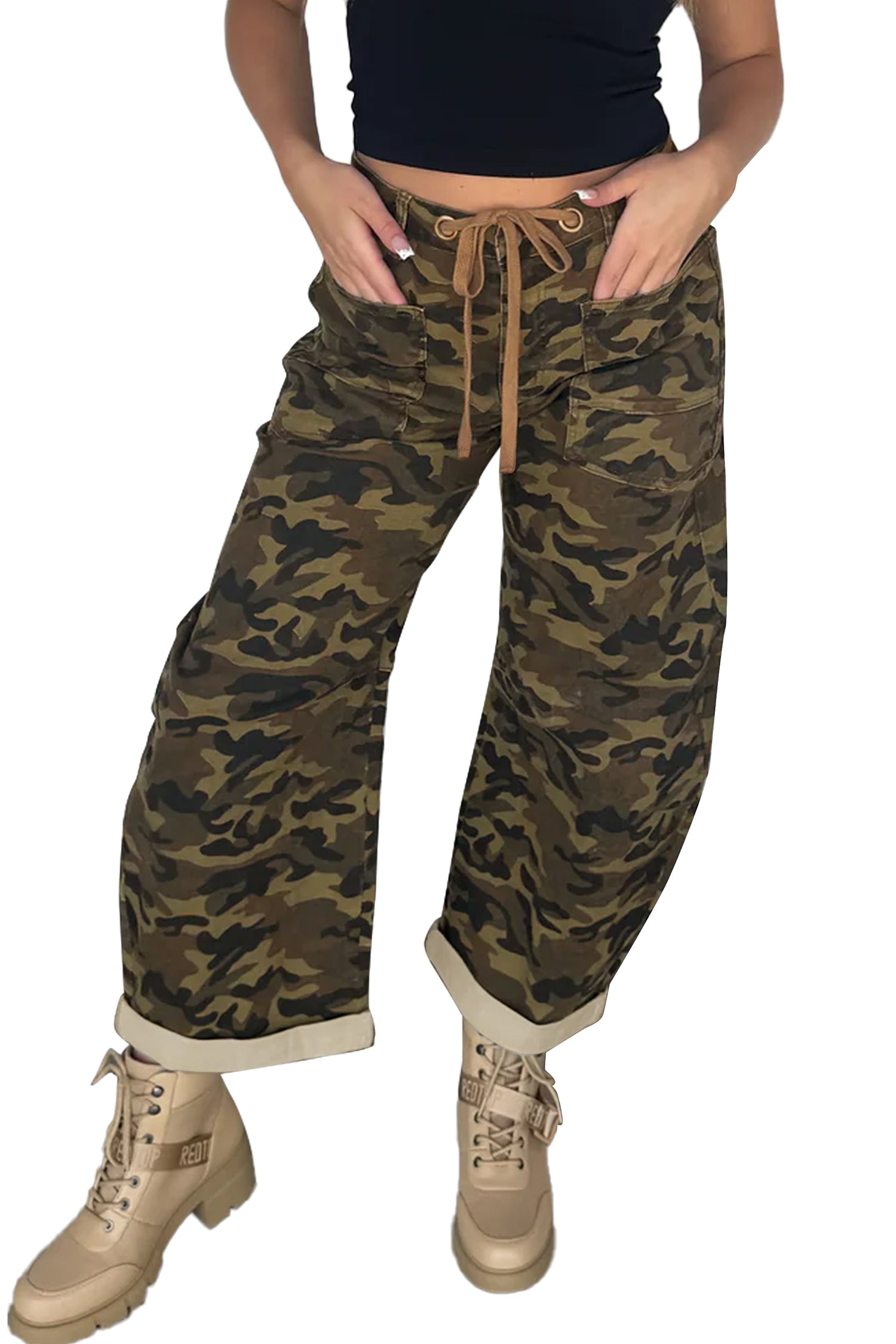 Multicolour Camouflage Print Retro Grommet Tie Waist Loose Jeans SALE