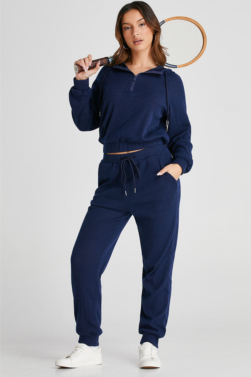 Navy Blue Ribbed Knit Cropped Hoodie and Drawstring Joggers Set PLUS AVAILIBLE SALE