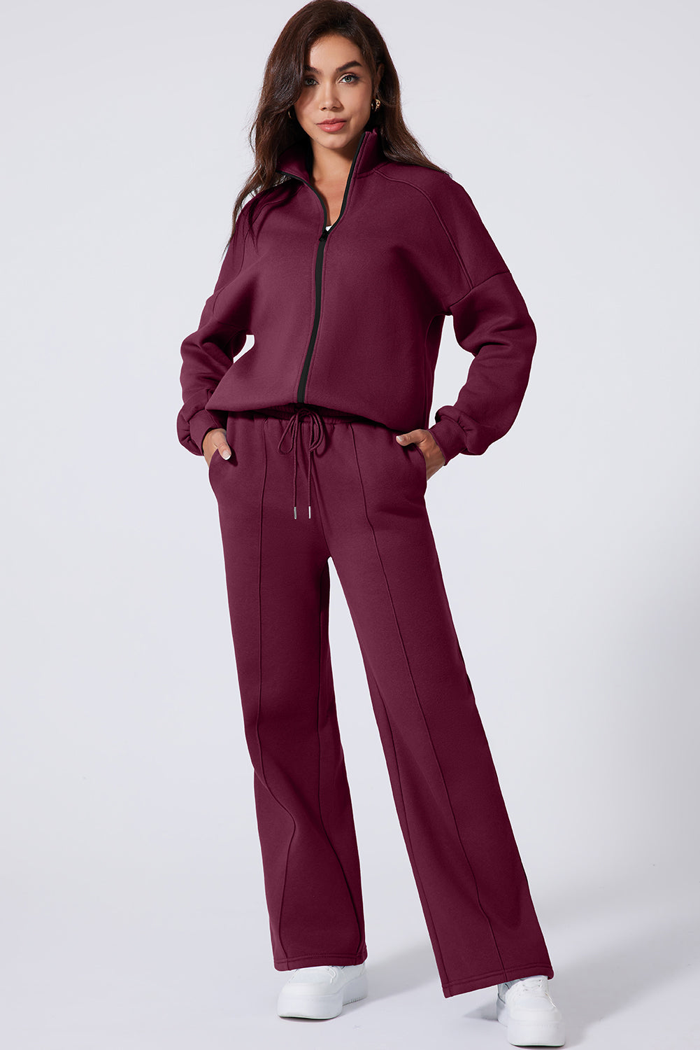 Burgundy Drop Shoulder Zip Up Jacket Drawstring Pants Active 2pcs Set PLUS AVAILIBLE SALE