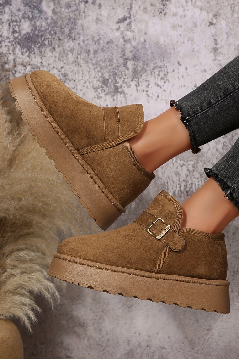 Coffee Buckle Detail Round Toe Platform Cozy Winter Boots SALE