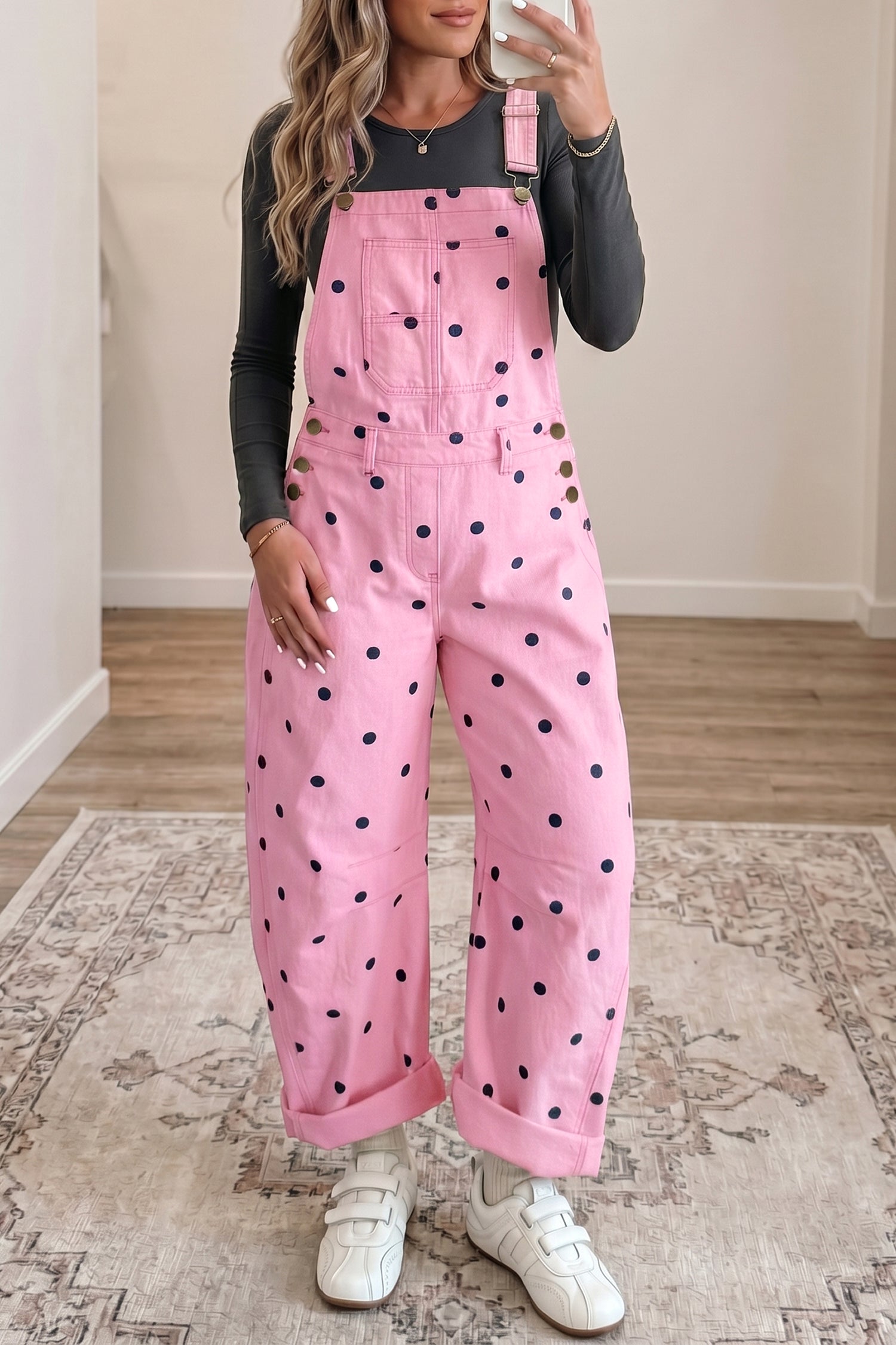 Light French Beige Polka Dot Print Bib Pocket Denim Barrel Overalls Jumpsuit SALE