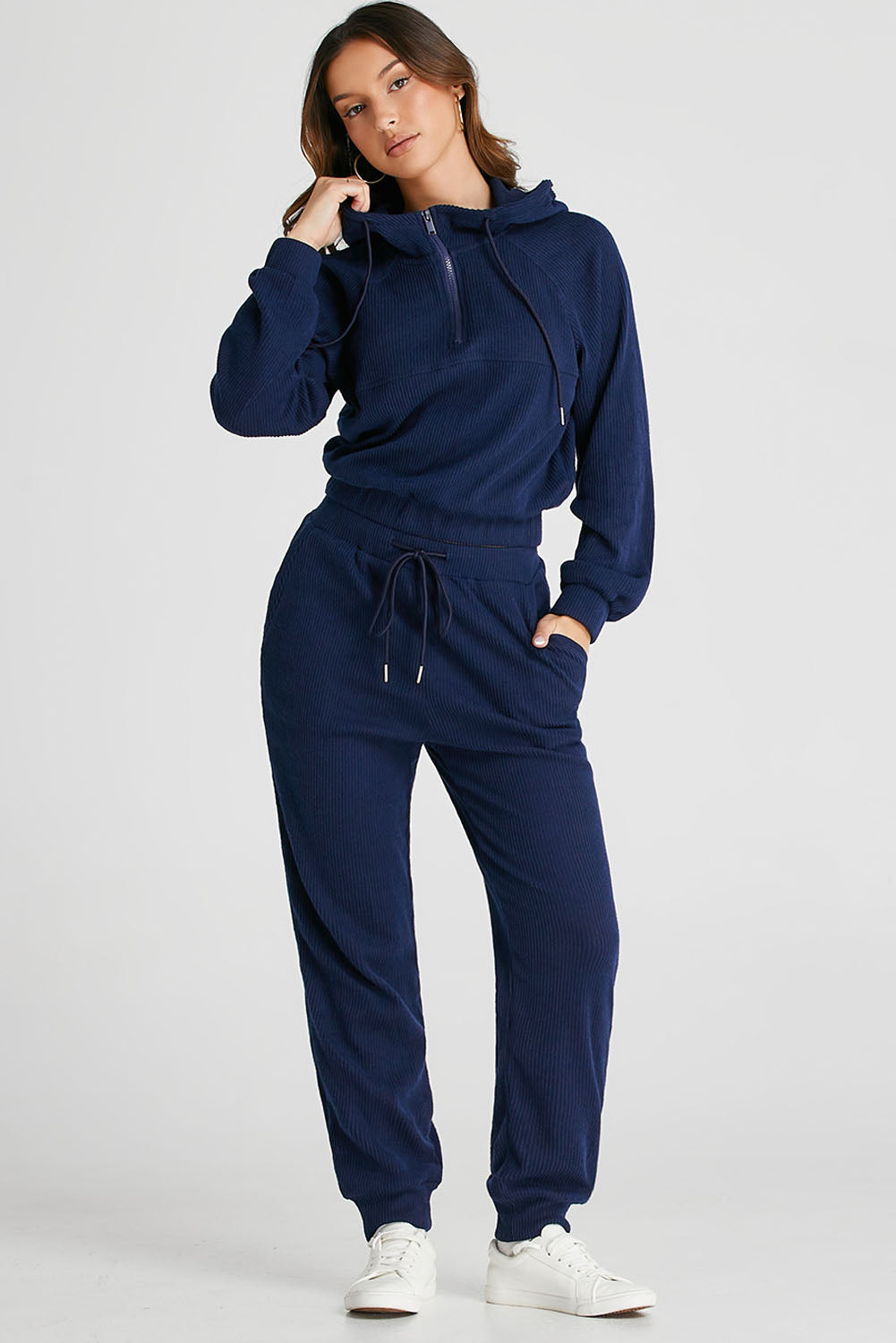 Navy Blue Ribbed Knit Cropped Hoodie and Drawstring Joggers Set PLUS AVAILIBLE SALE