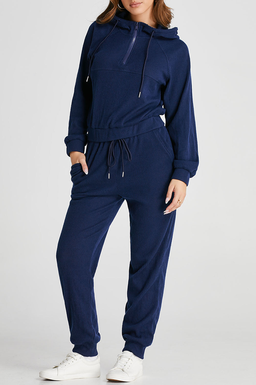Navy Blue Ribbed Knit Cropped Hoodie and Drawstring Joggers Set PLUS AVAILIBLE SALE