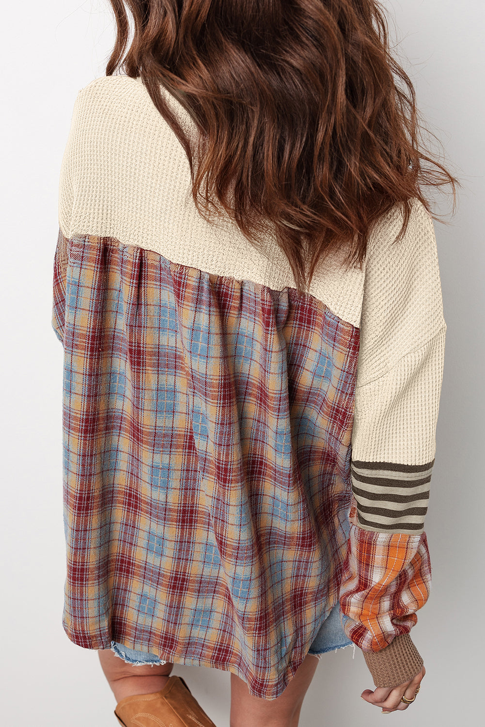 Straw Yellow Waffle Stripe Plaid Patchwork Henley Knit Top SALE