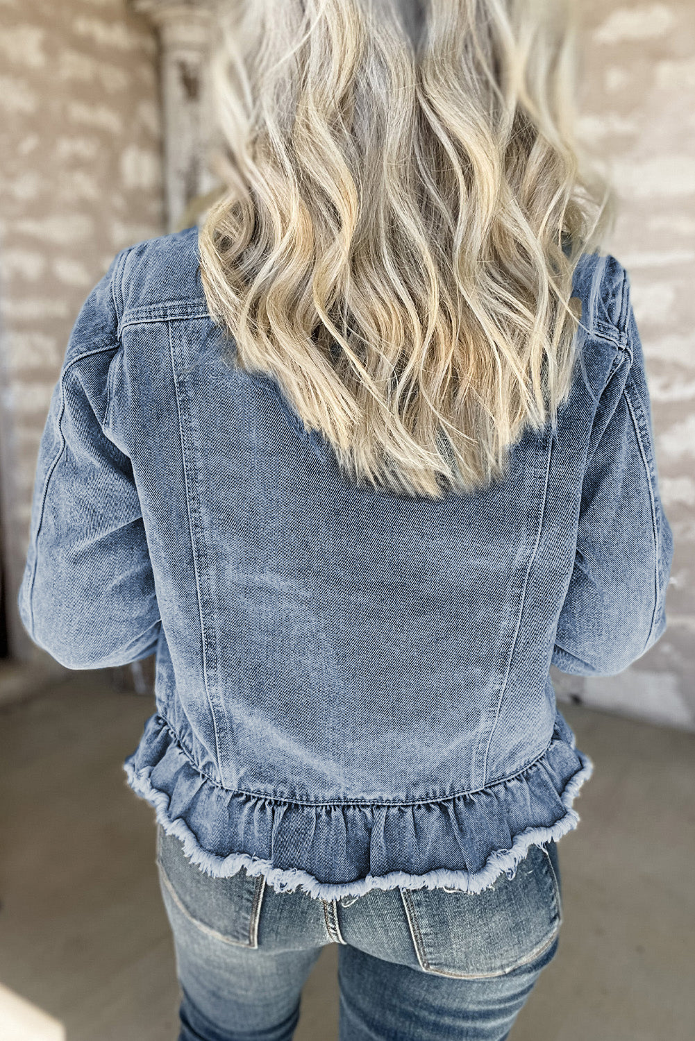 Beau Blue Ruffle Raw Hem Flap Pockets Denim Jacket PLUS AVAILABLE