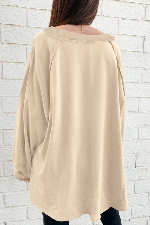 Beige Solid Color Raw Seam Patchwork Baggy Sweatshirt SALE