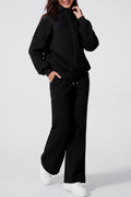 Black Drop Shoulder Zip Up Jacket Drawstring Pants Active 2pcs Set PLUS AVAILIBLE SALE