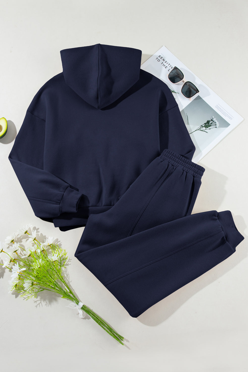 Navy Blue Solid Exposed Seams Hoodie and Joggers Activewear Set PLUS AVAILIBLE