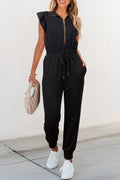 Black Zipper Flutter Sleeve Drawstring Elastic Waistband Jumpsuit SALE