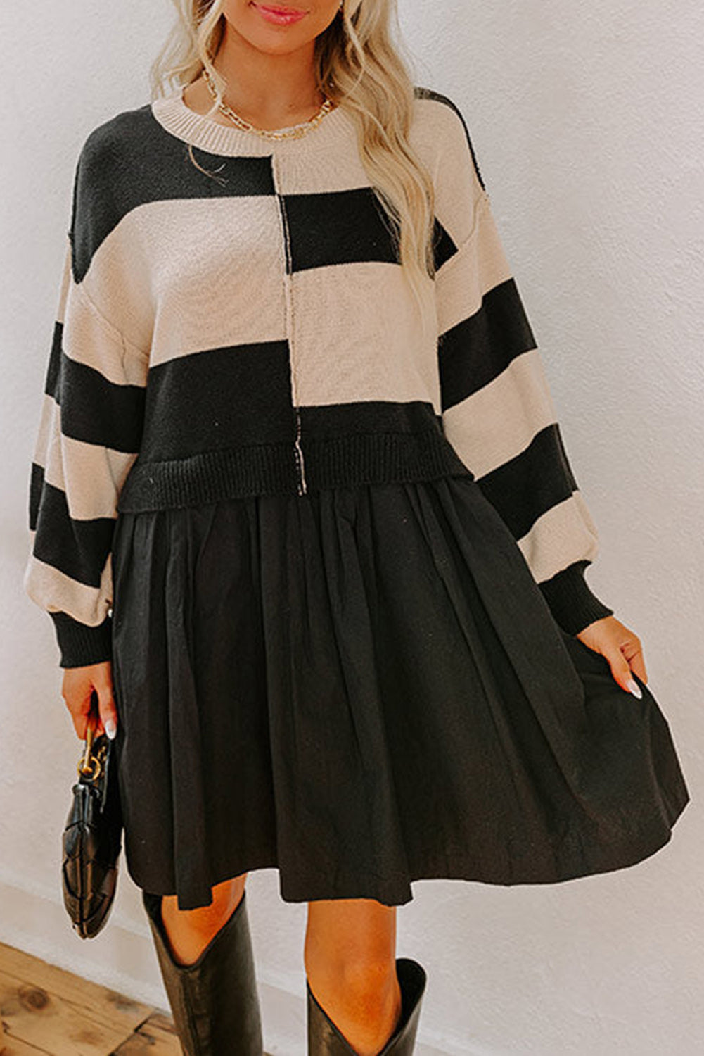 Black Stripe Two in One Knitted Top High Waist Splicing Hem Sweater Dress SALE