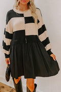 Black Stripe Two in One Knitted Top High Waist Splicing Hem Sweater Dress SALE