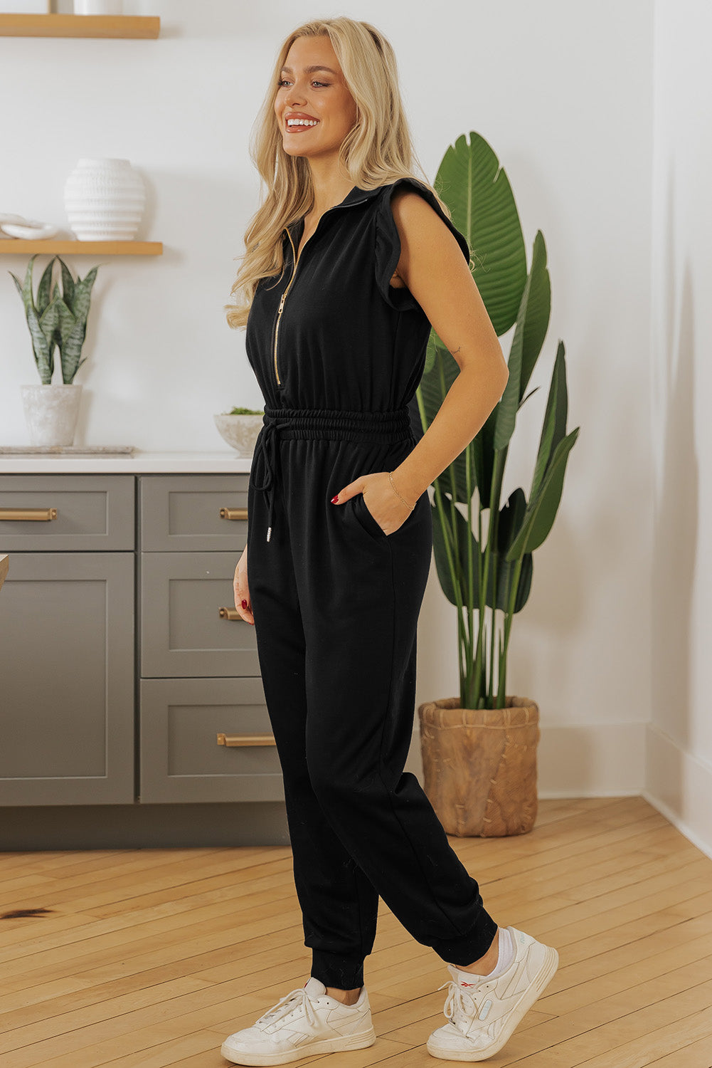 Black Zipper Flutter Sleeve Drawstring Elastic Waistband Jumpsuit SALE