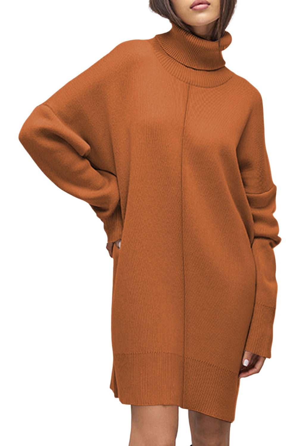 Gold Flame Solid Color Turtleneck Drop Shoulder Loose Sweater Dress PLUS AVAILABLE SALE