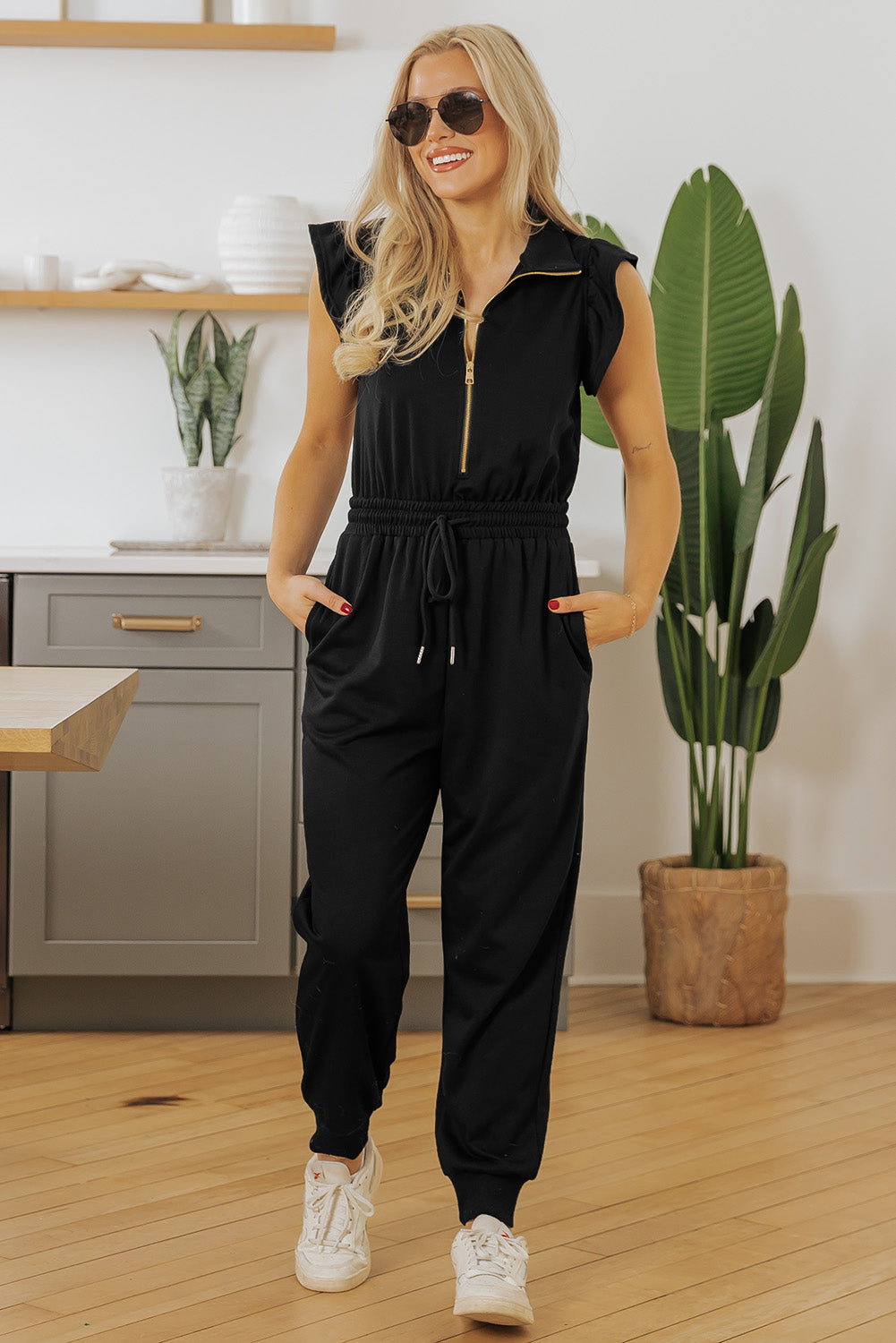 Black Zipper Flutter Sleeve Drawstring Elastic Waistband Jumpsuit SALE