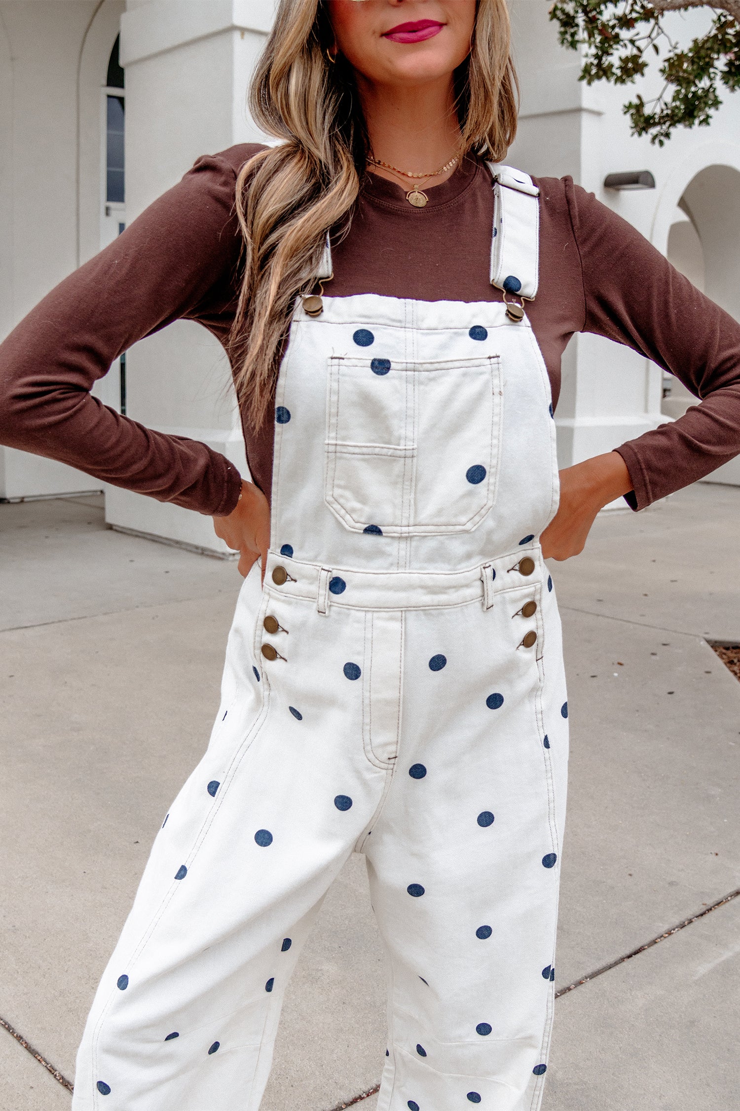 Light French Beige Polka Dot Print Bib Pocket Denim Barrel Overalls Jumpsuit SALE